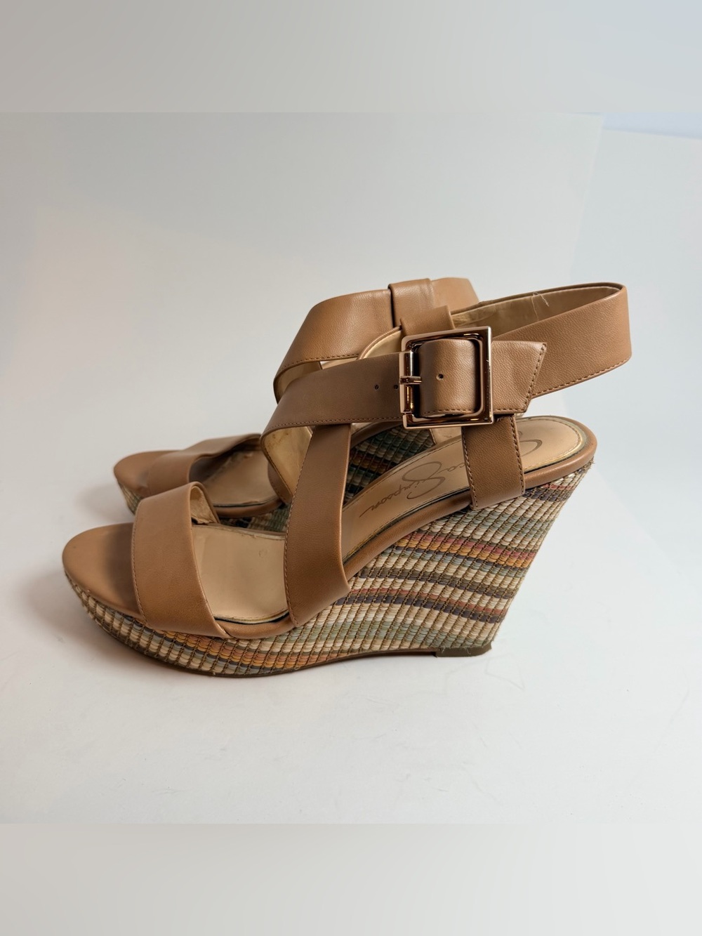 Jessica Simpson Tan Leather Strappy Wedge Sandals